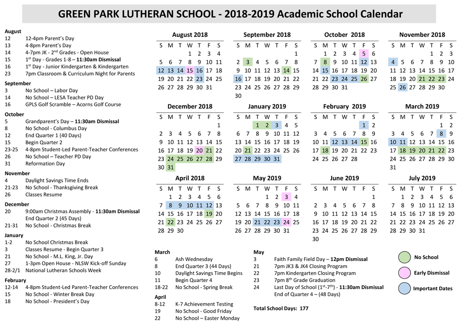 Yearly Calendar - Green Park Lutheran School