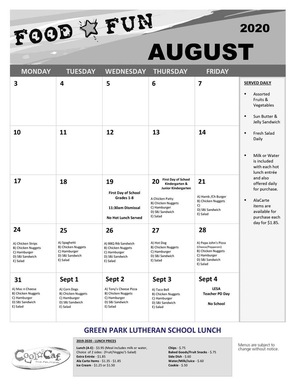 august_lunch - Green Park Lutheran School